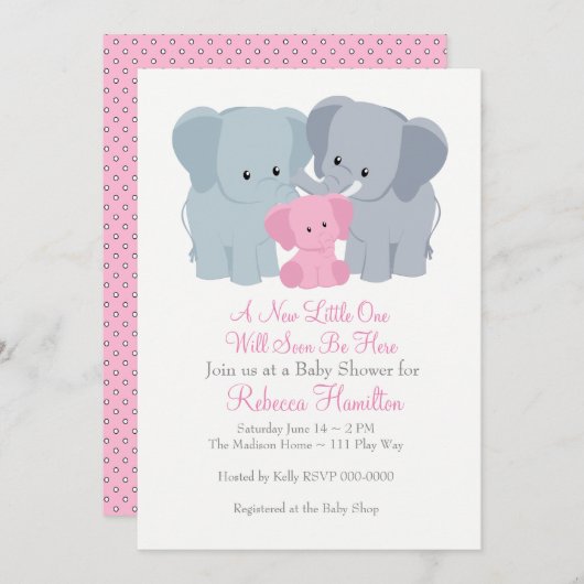 Roze Baby Uitnodiging tot olifant (Voorkant / Achterkant)