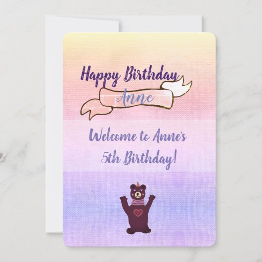 Roze Baby Verjaardagsfeestuitnodigingen Beer Kaart (Voorkant)