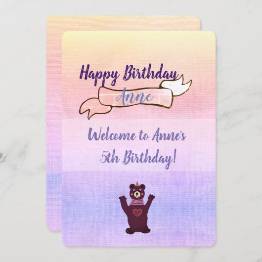 Roze Baby Verjaardagsfeestuitnodigingen Beer Kaart (Voorkant / Achterkant)