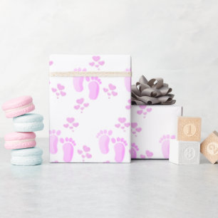 Roze Baby voetafdrukken en harten op wit Cadeaupapier