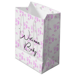 Roze Baby voetafdrukken en harten op wit Medium Cadeauzakje