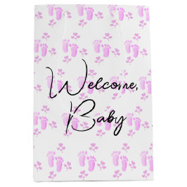 Roze Baby voetafdrukken en harten op wit Medium Cadeauzakje