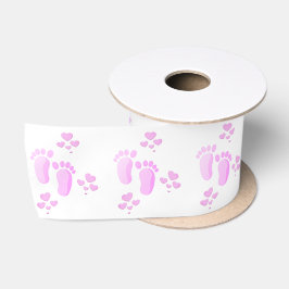 Roze Baby voetafdrukken en harten op wit Satijnen Lint