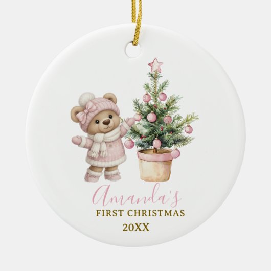 Roze babybeer eerste kerst aandenken keramisch ornament (Voorkant)