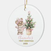 Roze babybeer eerste kerst aandenken keramisch ornament (Links)