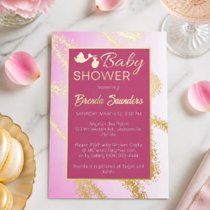 Roze babyborrel uitnodiging met goud folie