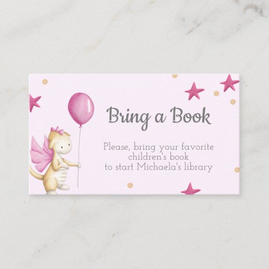Roze babydraak met ballon Een boek meenemen Informatiekaartje (Voorkant)