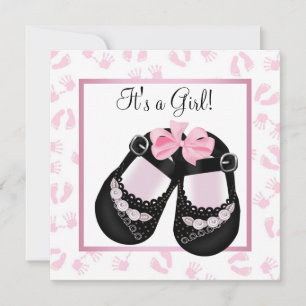 Roze babyhandjes en voetafdrukken babyfeestje kaart