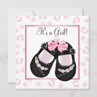 Roze babyhandjes en voetafdrukken babyfeestje kaart