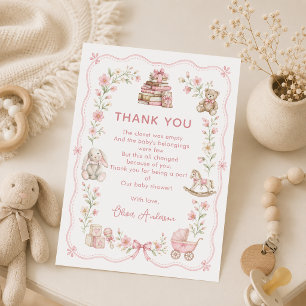 Roze babykamer bloemige baby shower bedankkaart
