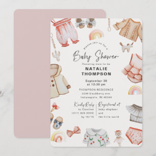 Roze babykleding en Baby shower speelgoed Kaart