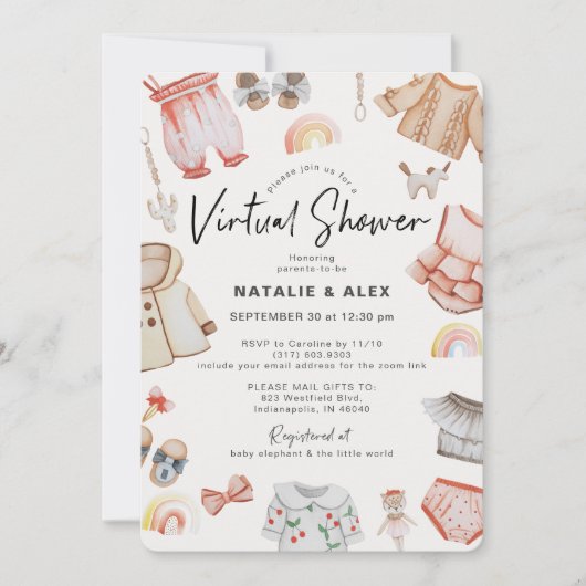 Roze babykleding en speelgoed Virtueel Baby shower Kaart (Voorkant)