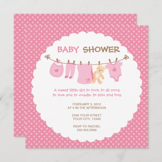 Roze babykleding Lijn Shower Invitaties Kaart (Voorkant / Achterkant)