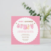 Roze babykleding Lijn Shower Invitaties Kaart (Staand voorkant)