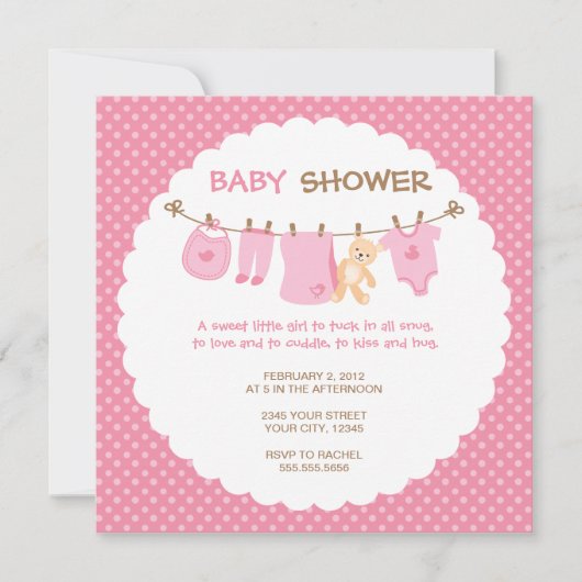 Roze babykleding Lijn Shower Invitaties Kaart (Voorkant)