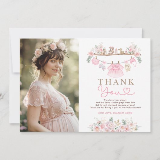 Roze Babykleding Meisje Wasserij Baby shower Bedankkaart (Voorkant)