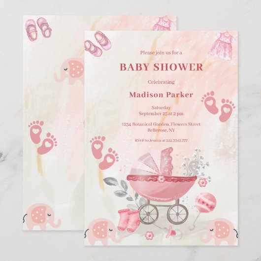 Roze babykoets baby shower uitnodiging (Voorkant / Achterkant)