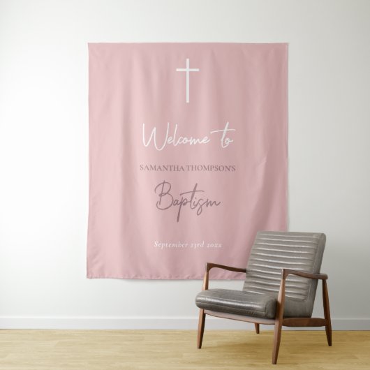 Roze babymeisje Calligrafie Baptisme Welkom Wandkleed (In situ)