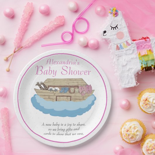 Roze babymeisje Noah's Ark babyshower uitnodiging Papieren Bordje (Feest)