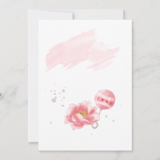 Roze babymeisje romper fles bloemen baby shower kaart (Achterkant)