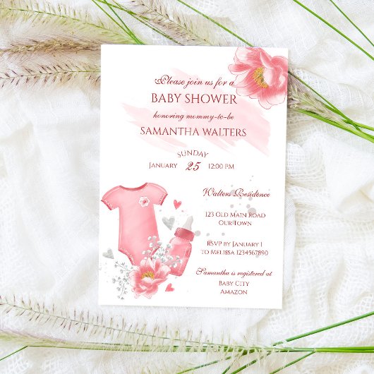 Roze babymeisje romper fles bloemen baby shower kaart