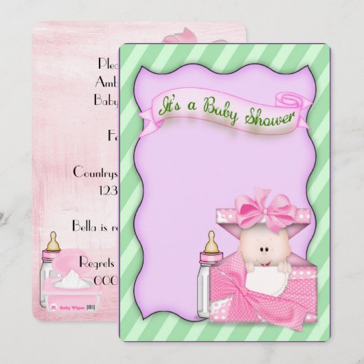 Roze babymeisje shower kaart (Voorkant / Achterkant)
