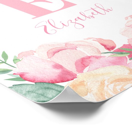 Roze babymeisjesmonogram. Naam serijbloemen Poster (Hoek)