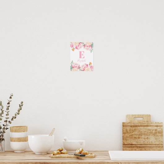 Roze babymeisjesmonogram. Naam serijbloemen Poster (Keuken)