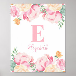 Roze babymeisjesmonogram. Naam serijbloemen Poster