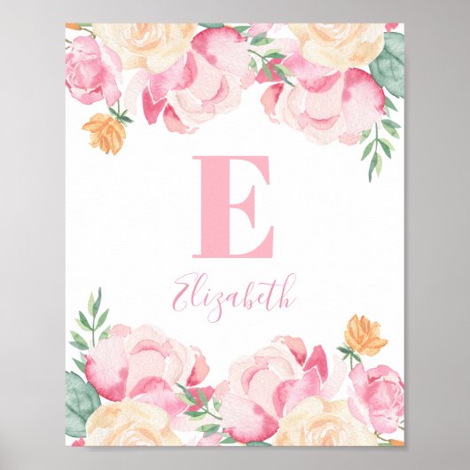 Roze babymeisjesmonogram. Naam serijbloemen Poster (Voorkant)