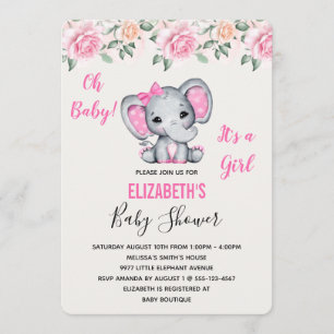 Roze Babyolifant en Rozen Rand Baby Shower Kaart
