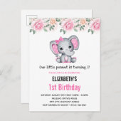 Roze Babyolifant en Rozen Rand Verjaardag Uitnodiging Briefkaart (Voorkant / Achterkant)