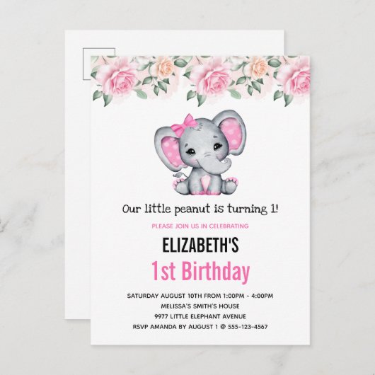 Roze Babyolifant en Rozen Rand Verjaardag Uitnodiging Briefkaart (Voorkant / Achterkant)