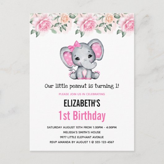 Roze Babyolifant en Rozen Rand Verjaardag Uitnodiging Briefkaart (Voorkant)