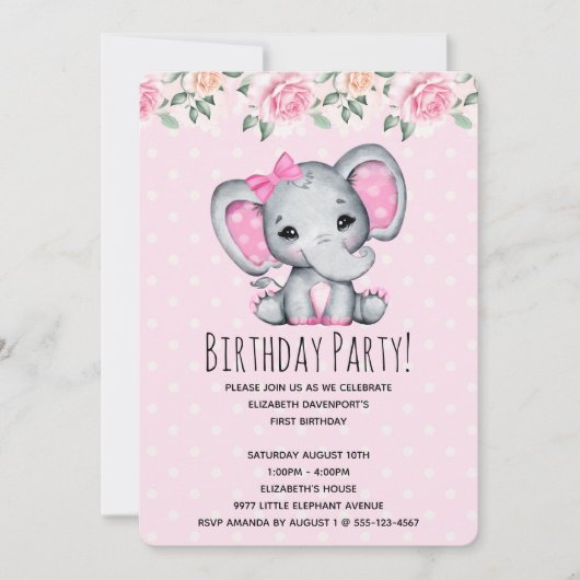 Roze babyolifant en rozenrand babyshower kaart (Voorkant)