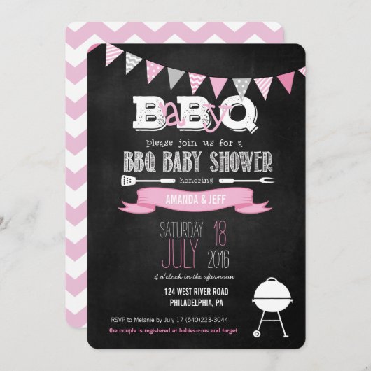 Roze BabyQ BBQ Baby shower Uitnodiging (Voorkant / Achterkant)