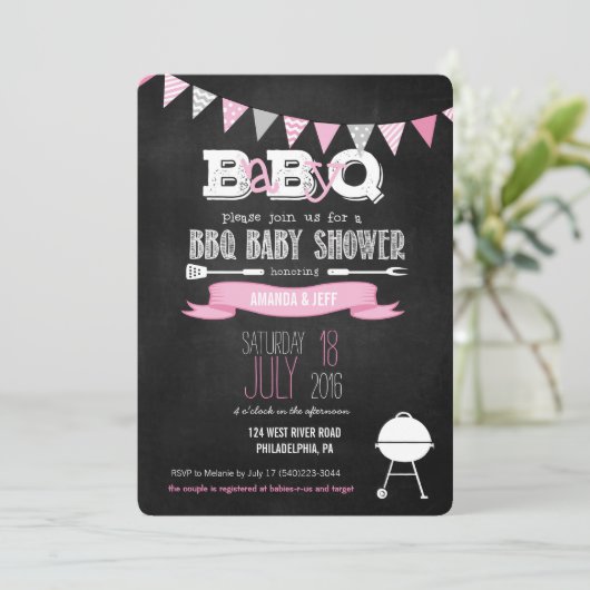 Roze BabyQ BBQ Baby shower Uitnodiging (Staand voorkant)