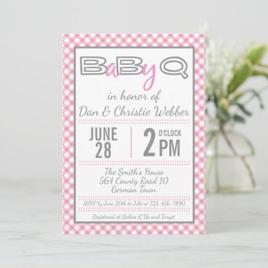 Roze BabyQ BBQ Baby shower Uitnodiging (Staand voorkant)