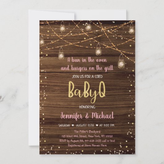 Roze BabyQ Rustic String Lights BBQ Baby shower Kaart (Voorkant)