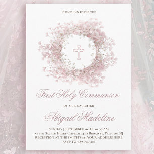 Roze Baby's Breath bloemen Eerste Heilige Communie Kaart
