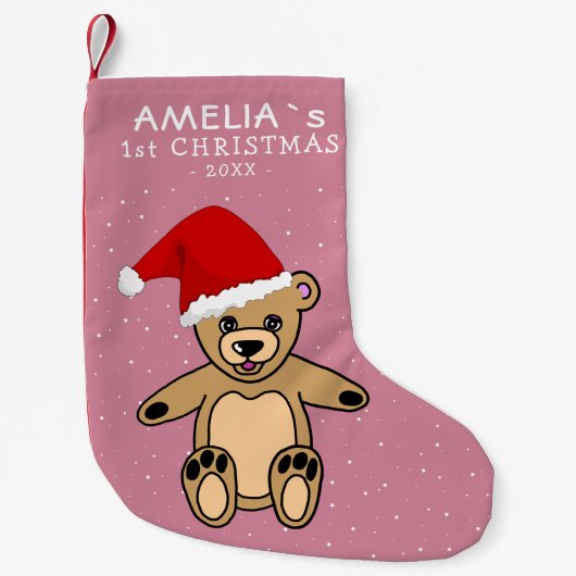 Roze Baby's eerste kerstteddy Bear Santa Hat Kleine Kerstsok (Voorkant)