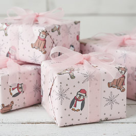 Roze Baby's Eerste Kerstwinter Dieren Cadeaupapier