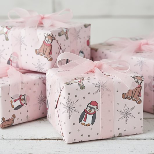 Roze Baby's Eerste Kerstwinter Dieren Cadeaupapier