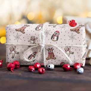 Roze Baby's Eerste Kerstwinter Dieren Cadeaupapier
