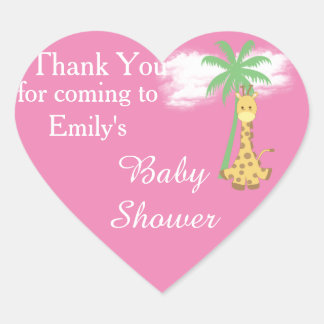 Roze babyshower giraffe bedankstickers hart sticker