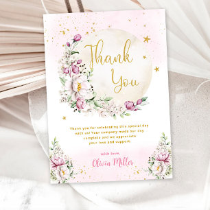 Roze Babyshower met Bloemmotief en Maan Bedankkaart