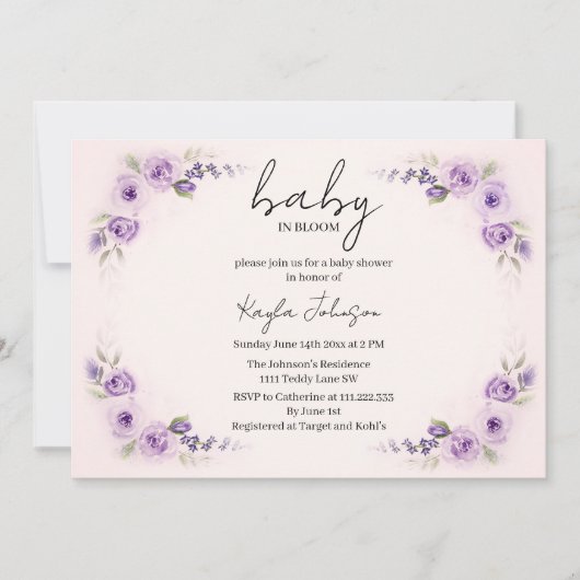 Roze babyshower met lavendelroos kaart (Voorkant)