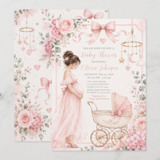 Roze babyshower viering kaart (Voorkant / Achterkant)