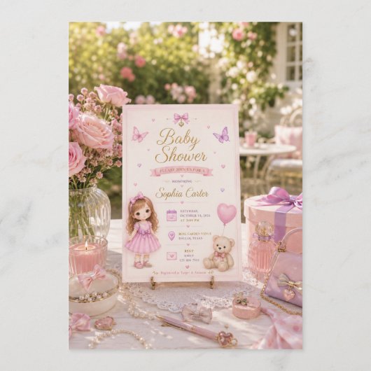 Roze babyshoweruitnodiging met knappe meisje save the date (Achterkant)