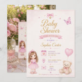 Roze babyshoweruitnodiging met knappe meisje save the date (Voorkant / Achterkant)